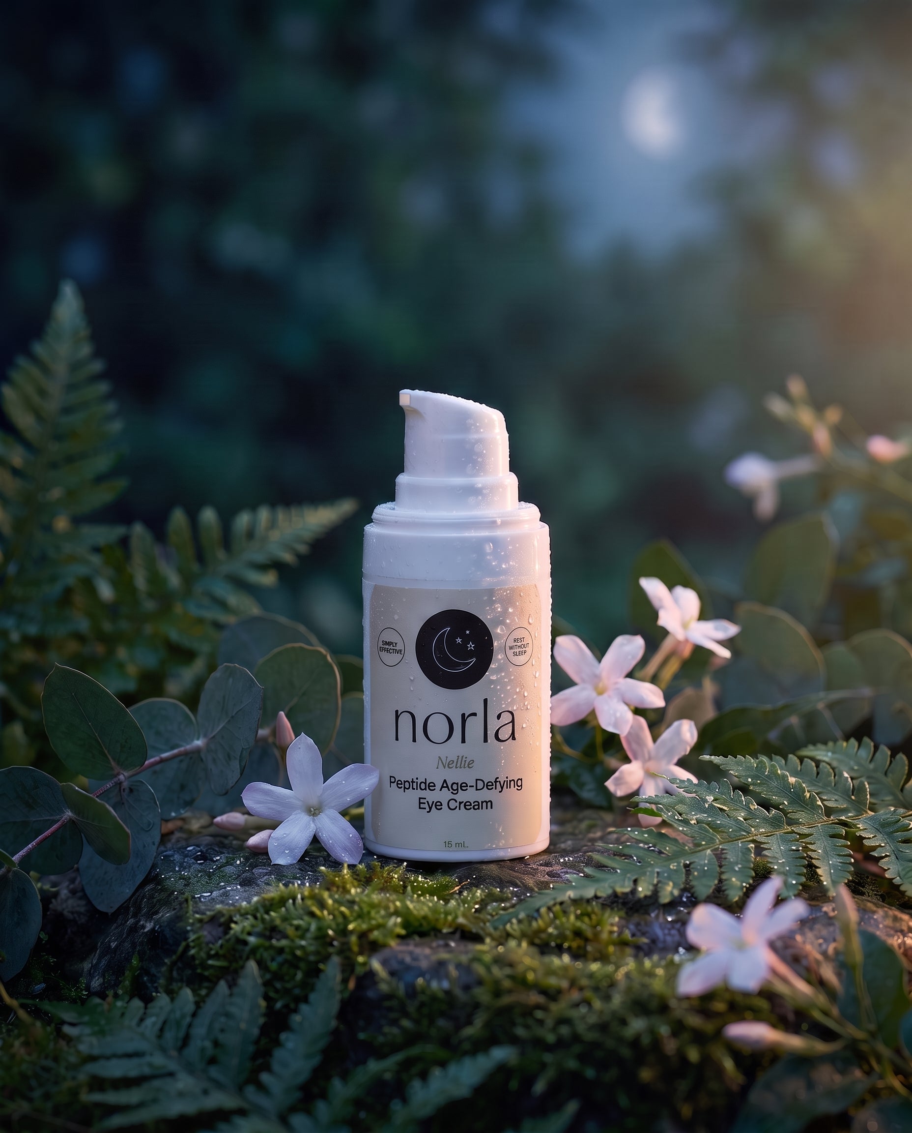 Norla Nellie Peptide Age-Defying Eye Cream in an evening garden at dusk